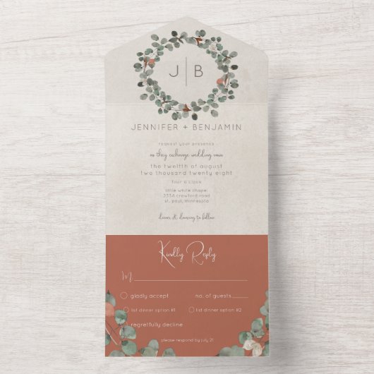 Rost & grüne Eukalyptus Modernes Abendessen All In One Einladung (Innen Boden)