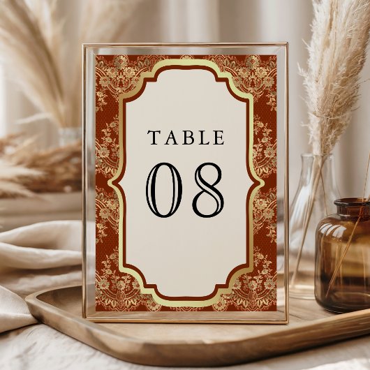 Rost Orange Goldspitze Indische Hochzeit Tischnummer