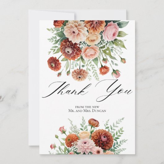 Rost Orange Sage Green Blush Blume Hochzeitsstich Dankeskarte (Vorderseite)