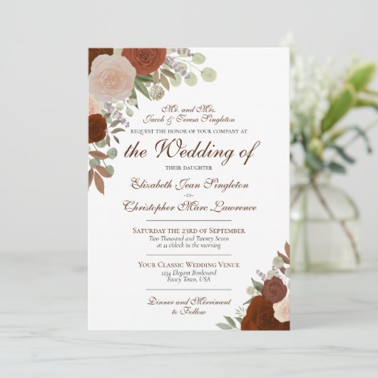 Rost Orange Wasserfarben Rose Feierliche Hochzeit Einladung (Stehend Vorderseite)