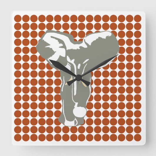 Rost Red Safari Dot mit Pop Art Elephant Quadratische Wanduhr (Vorderseite)