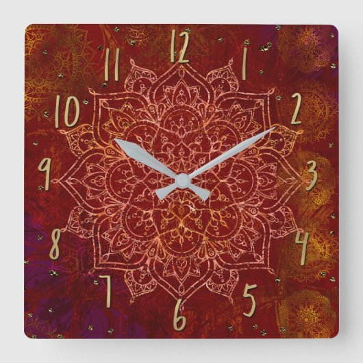 Rost-rotes Mandala-Goldbezauberndes modernes Chic Quadratische Wanduhr (Vorderseite)