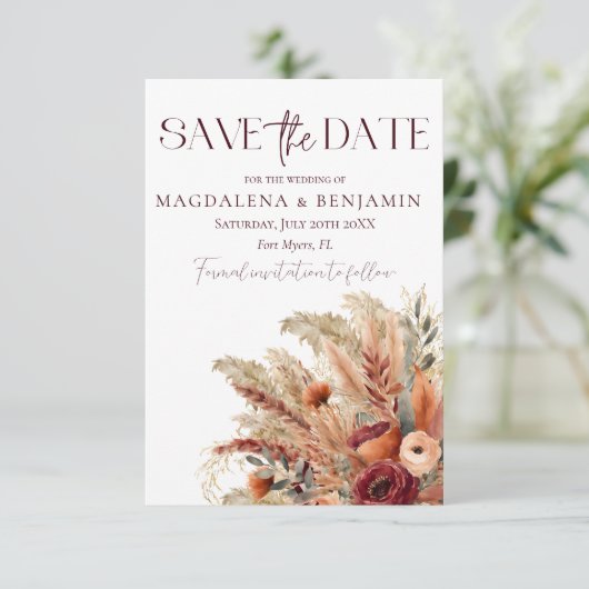 Rost Terracotta Fall Driven Florals Pampas Grass Save The Date (Stehend Vorderseite)