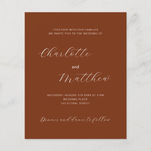 Rost verbrannte orange Skript-Budget Hochzeitseinl (Vorderseite)