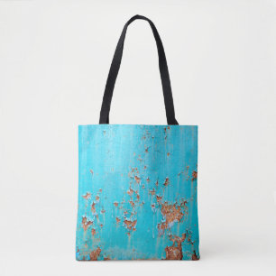 Rostblau gestrichene Metallwand. Detaillierter Fot Tasche