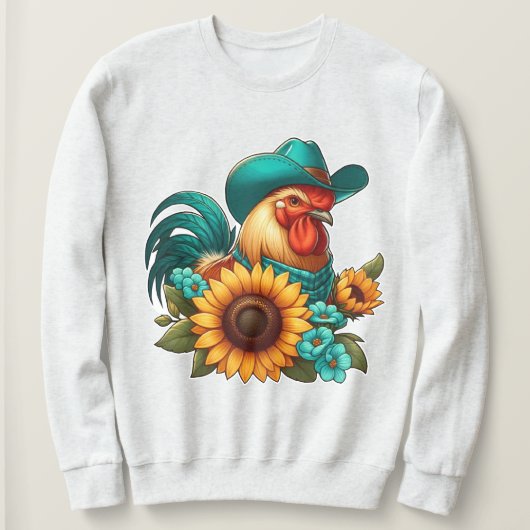 Roster mit Aquamarinem Hut und Sonnenblumen Sweatshirt (Design vorne)