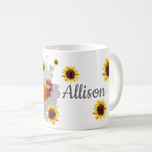 Roster mit Sonnenblumen Personalisierte Wasserfarb Kaffeetasse (VorderseiteRechts)