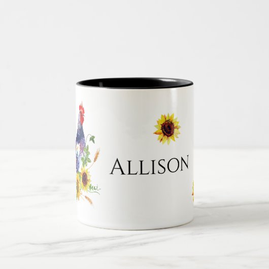 Roster mit Sonnenblumen Personalisierte Wasserfarb Zweifarbige Tasse (Mittel)