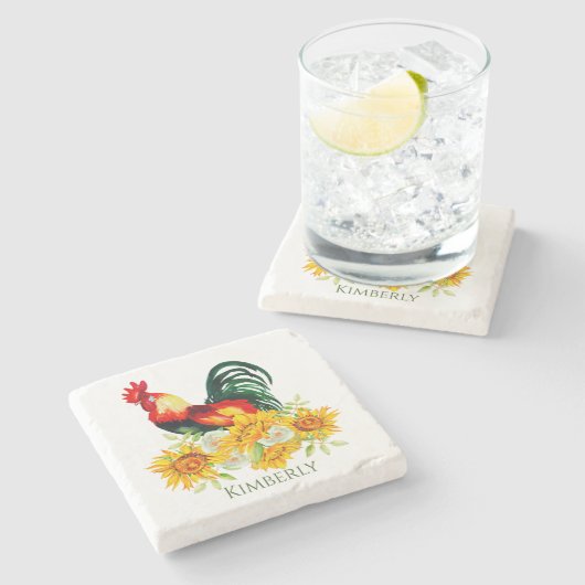 Roster mit Sonnenblumen Stone Untersetzer (Seitenansicht)