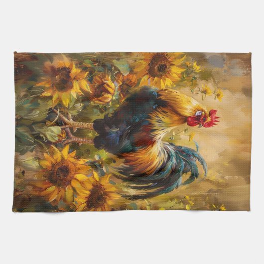 Roster und Sonnenblumen Ölgemälde Geschirrtuch (Horizontal)