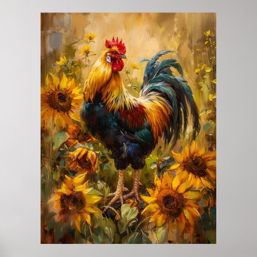 Roster und Sonnenblumen Ölgemälde Poster (Vorne)