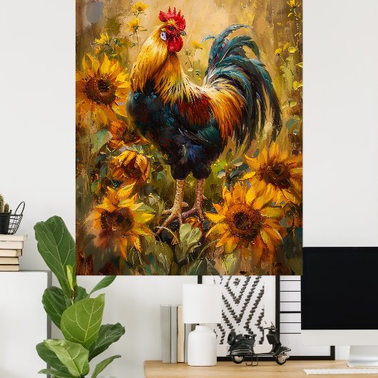 Roster und Sonnenblumen Ölgemälde Poster (Heimbüro)