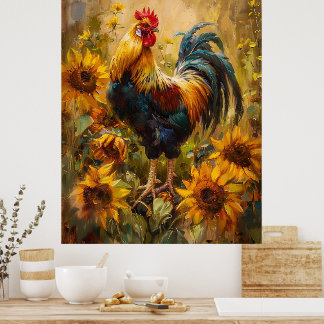 Roster und Sonnenblumen Ölgemälde Poster