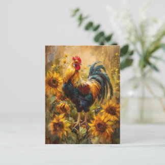 Roster und Sonnenblumen Ölgemälde Postkarte