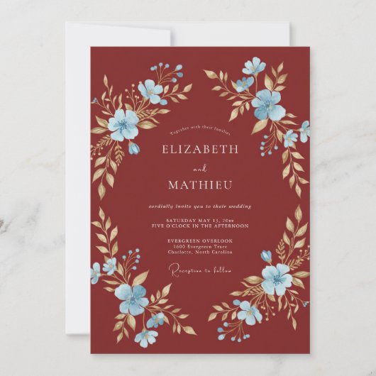 Rostfarbene Cerulean-Blatt-Hochzeit Einladung (Vorderseite)