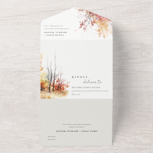 Rostgelbe Herbstlandschaft Karierte Hochzeit All In One Einladung (Außenbereich)