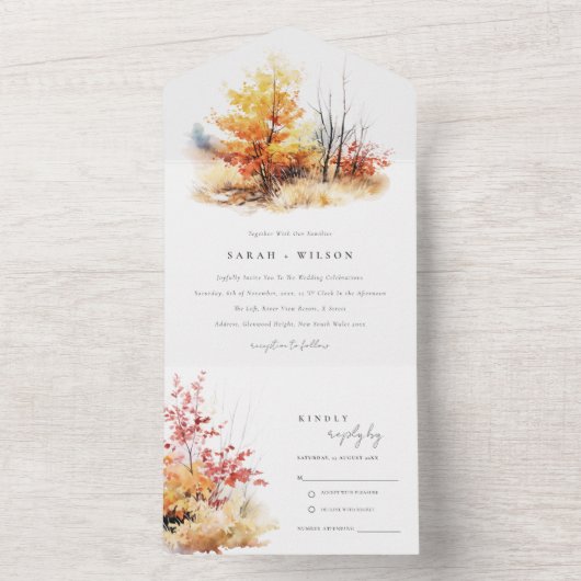 Rostgelbe Herbstlandschaft Karierte Hochzeit All In One Einladung (Innen Boden)