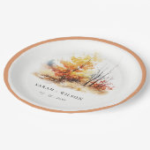 Rostgelbe Herbstlandschaft Karierte Hochzeit Pappteller (Schrägansicht)