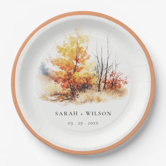 Rostgelbe Herbstlandschaft Karierte Hochzeit Pappteller (Vorderseite)