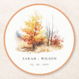 Rostgelbe Herbstlandschaft Karierte Hochzeit Runder Pappuntersetzer