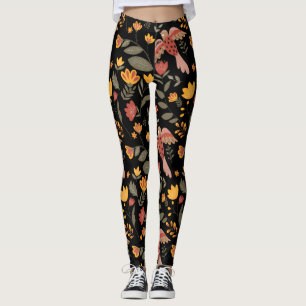 Rostgold & Grüne Blume & Vögel auf schwarzen Leg Leggings