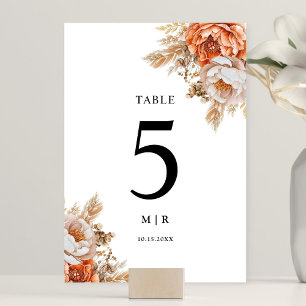 Rostige Terrakotta-Pfingstrosen-Blumen-Hochzeitsti Tischnummer
