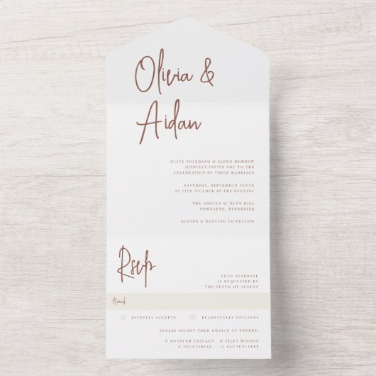 Rostrot | Moderne handgeschriebene Hochzeit All In One Einladung (Innen Boden)