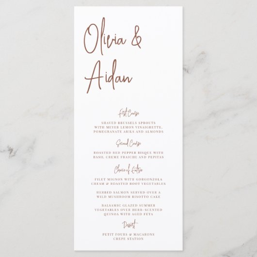 Rostrot | Moderne handgeschriebene Hochzeit Menükarte (Vorderseite)