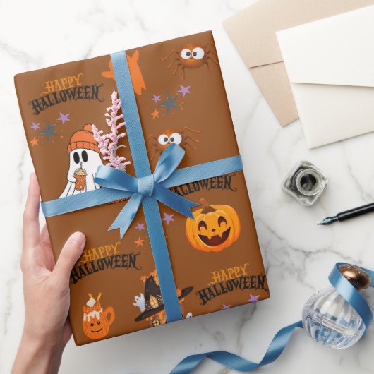 Rosty Brown Happy Halloween Niedlich Ghost Pumpkin Geschenkpapier (Schenken)