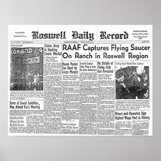 Roswell UFO Incident Newspaper Clipping Poster (Vorne)
