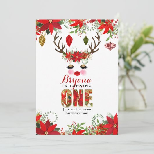 Rosy Cheeks Gold Eyes Floral Reindeer 1ST BIRTHDAY Einladung (Stehend Vorderseite)