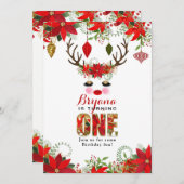 Rosy Cheeks Gold Eyes Floral Reindeer 1ST BIRTHDAY Einladung (Vorne/Hinten)