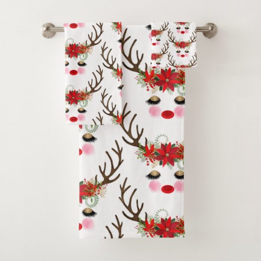 Rosy Cheeks Gold Eyes Floral Reindeer Holiday Badhandtuch Set (Insitu)