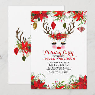Rosy Cheeks Gold Eyes Floral Reindeer Holiday Einladung