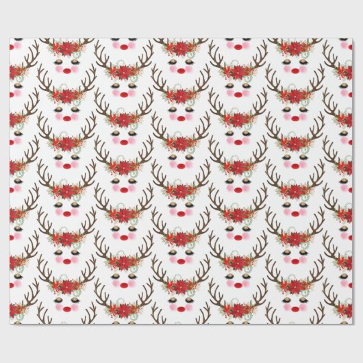 Rosy Cheeks Gold Eyes Floral Reindeer Holiday Geschenkpapier (Flach)