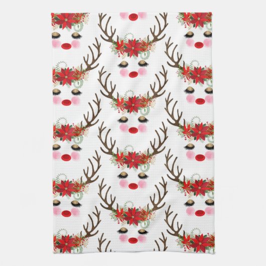 Rosy Cheeks Gold Eyes Floral Reindeer Holiday Handtuch (Vertikal)