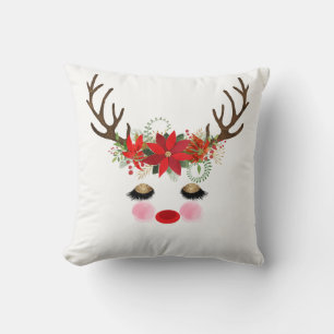 Rosy Cheeks Gold Eyes Floral Reindeer Holiday Kissen