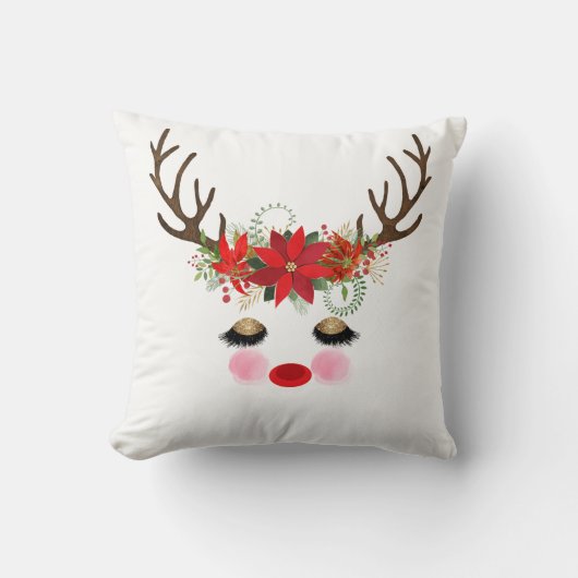 Rosy Cheeks Gold Eyes Floral Reindeer Holiday Kissen (Vorderseite)