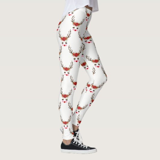 Rosy Cheeks Gold Eyes Floral Reindeer Holiday Leggings (Rechts)