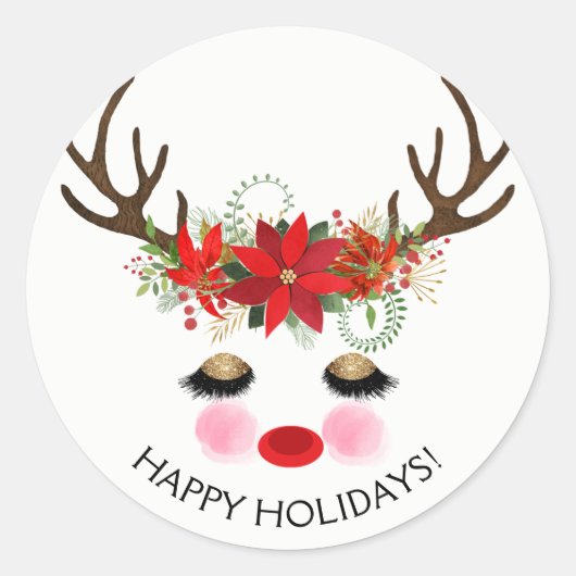 Rosy Cheeks Gold Eyes Floral Reindeer Holiday Runder Aufkleber (Vorderseite)