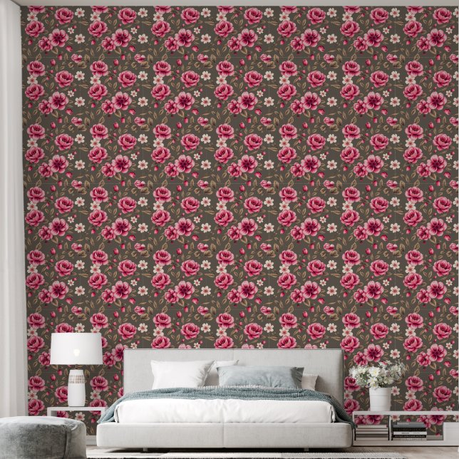 Rosy Elegance: Luxe Floral auf Mocha Tapete (Schlafzimmer)