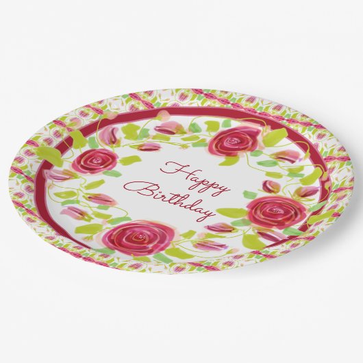 Rosy Floral Stylish Pappteller (Schrägansicht)