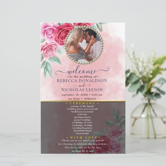 Rosy Floral Wedding Program (Stehend Vorderseite)