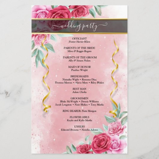 Rosy Floral Wedding Program (Rückseite)
