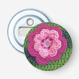 Rosy Pink Blume Natural Green Crochet Print Flaschenöffner