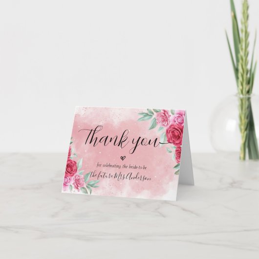 Rosy Pink Blush Minimales Script-Brautparty Dankeskarte (Vorderseite)