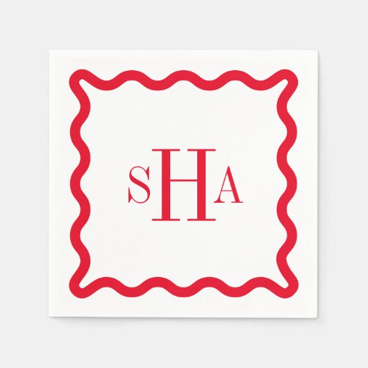 Rot auf dem White Three Letter Monogram Wavy Squar Serviette (Vorderseite)