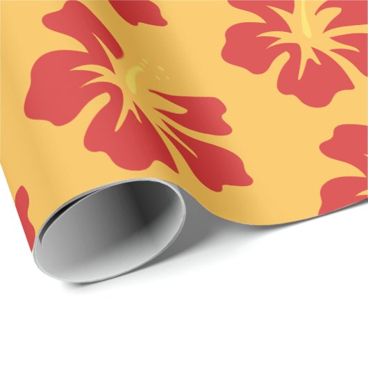Rot auf gelbem Hibiskus Geschenkpapier (Rolleneckpunkt)
