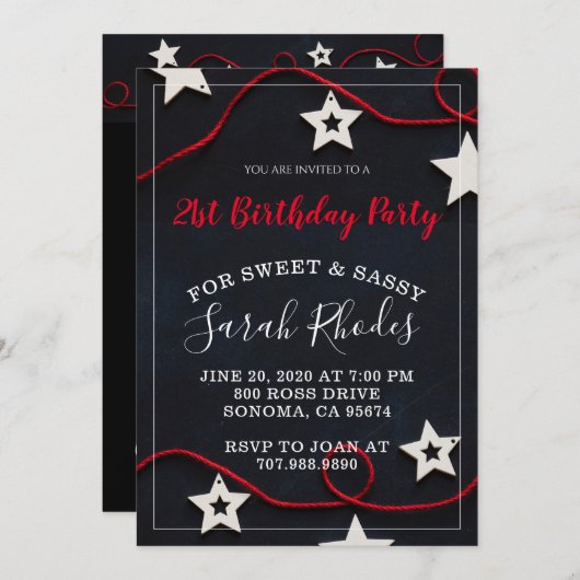 Rot auf Schwarz 21. Geburtstag Party Einladung (Vorne/Hinten)