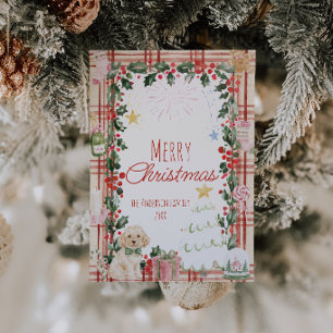 Rot Beige Gingham Süße Stechpalmen-Weihnachten Feiertagskarte